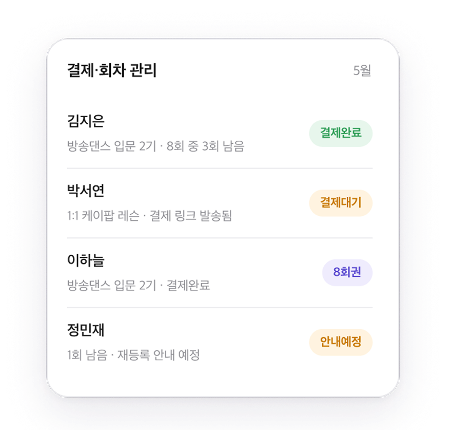 결제 관리 화면 예시